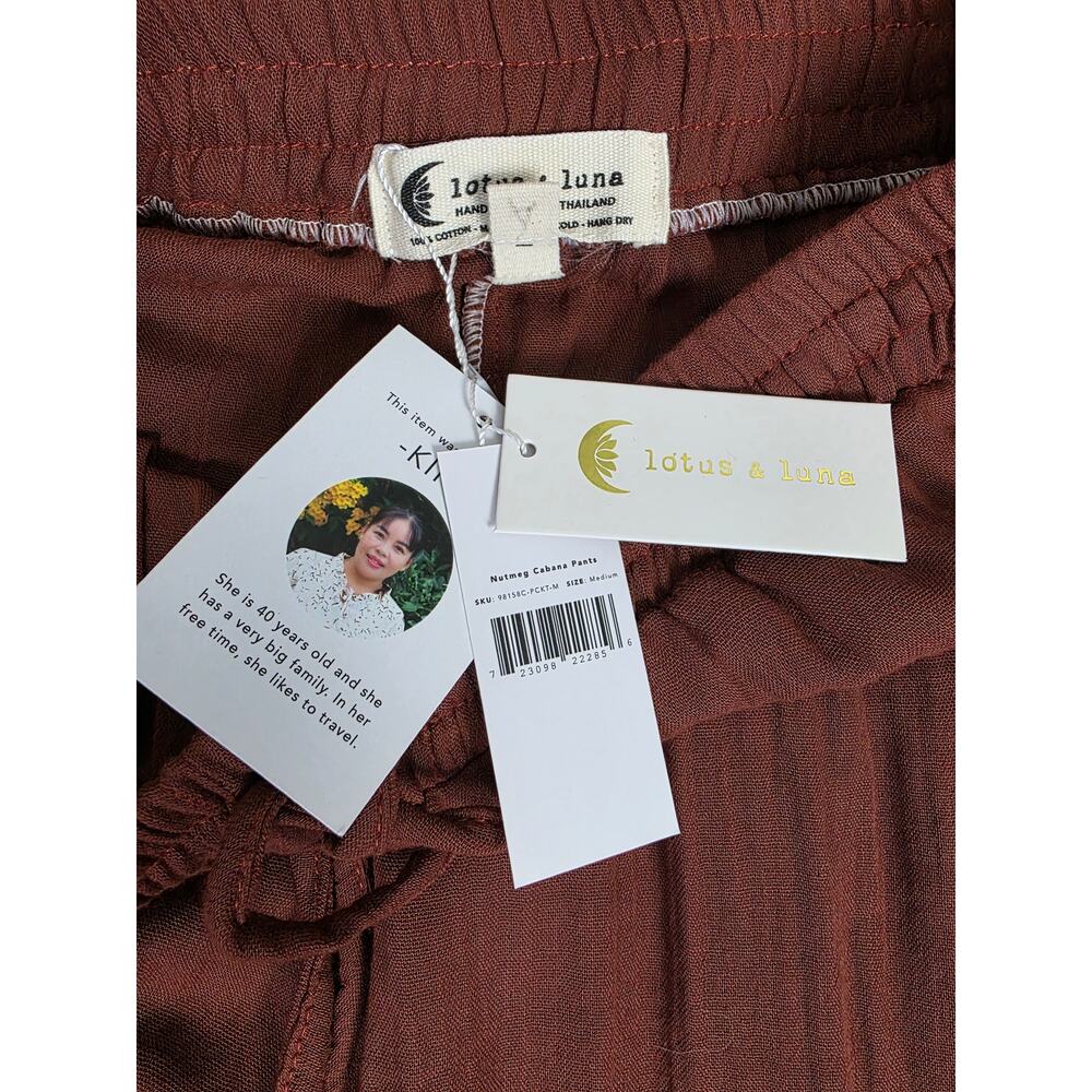 Lotus & Luna NWT Cotton Gauze Wide Leg Smocked High Waist Pants Rust Brown - Picture 7 of 7